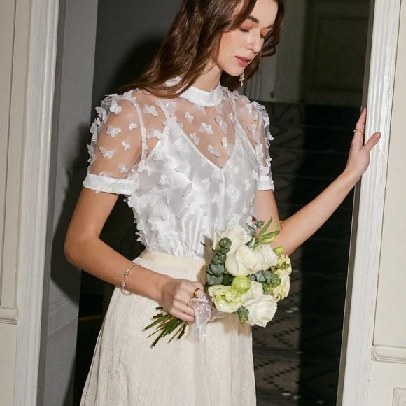 White Boho Womens Butterfly Applique Sheer Top - Picture 4 of 5